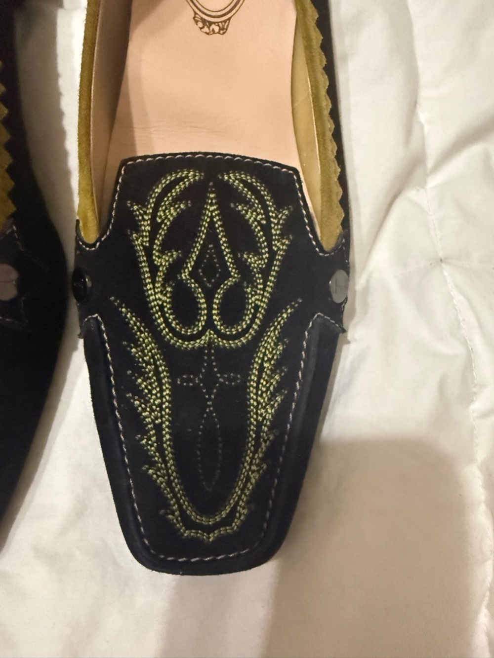 Tod's Black Suede Loafers with Olive Embroidery and Mustard Trim 40 10 - Picture 4 of 10
